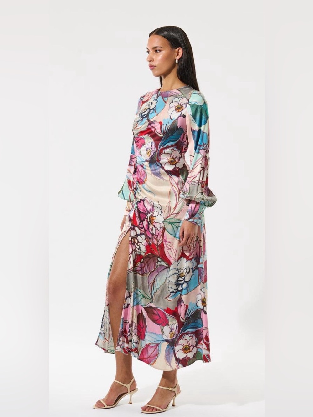 Multicolor Floral Satin Maxi Dress with Side Slit